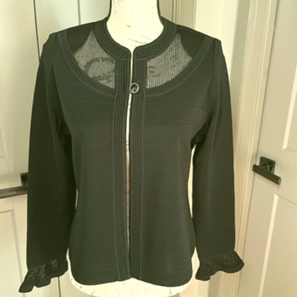 Misook Lightweight Dressy Black Button-Down Cardigan w/ Ruffled Cuffs-XSMALL